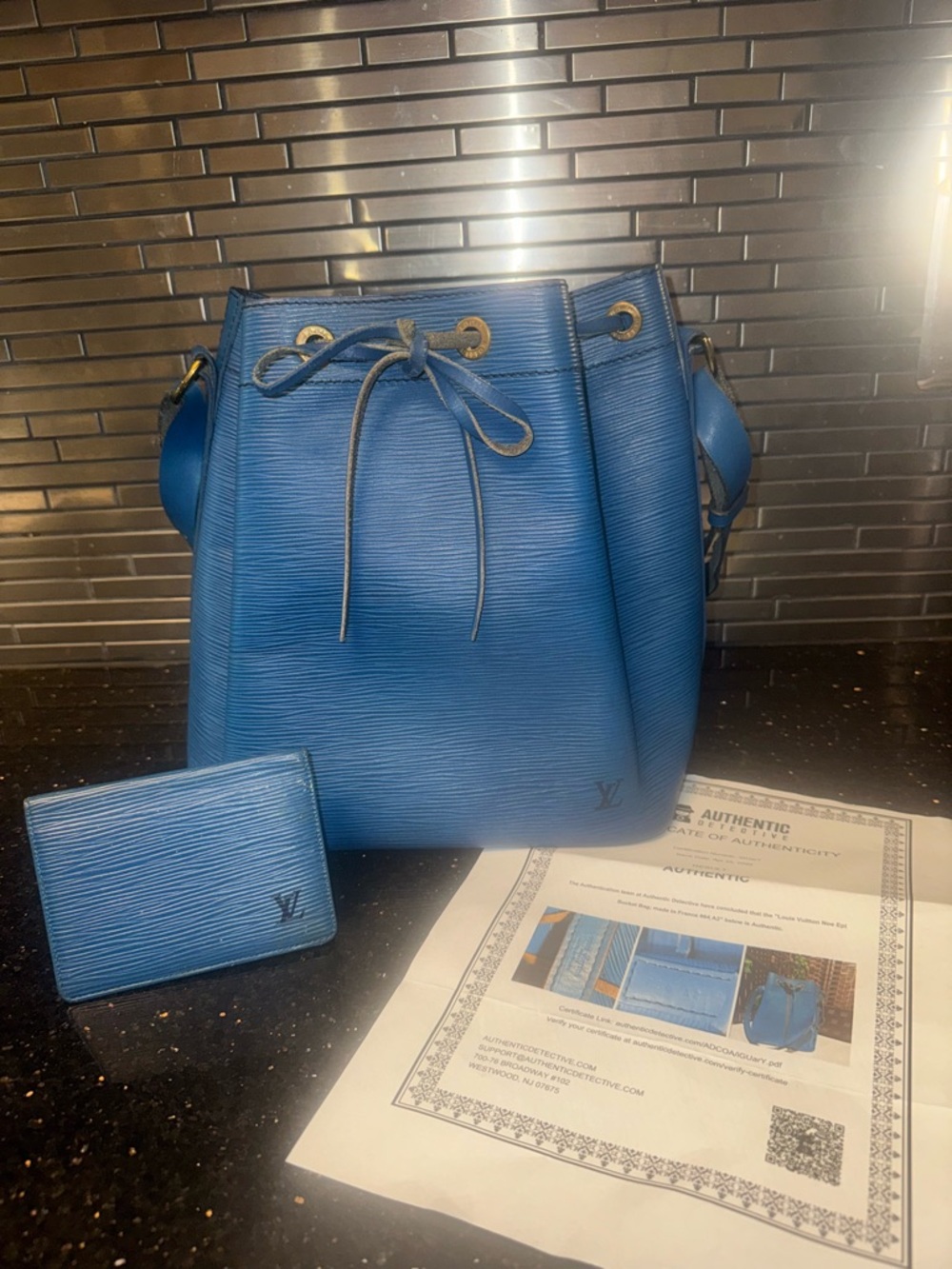 Louis Vuitton Blue Noe Epi Leather Bucket Bag with Matching Card Wallet
